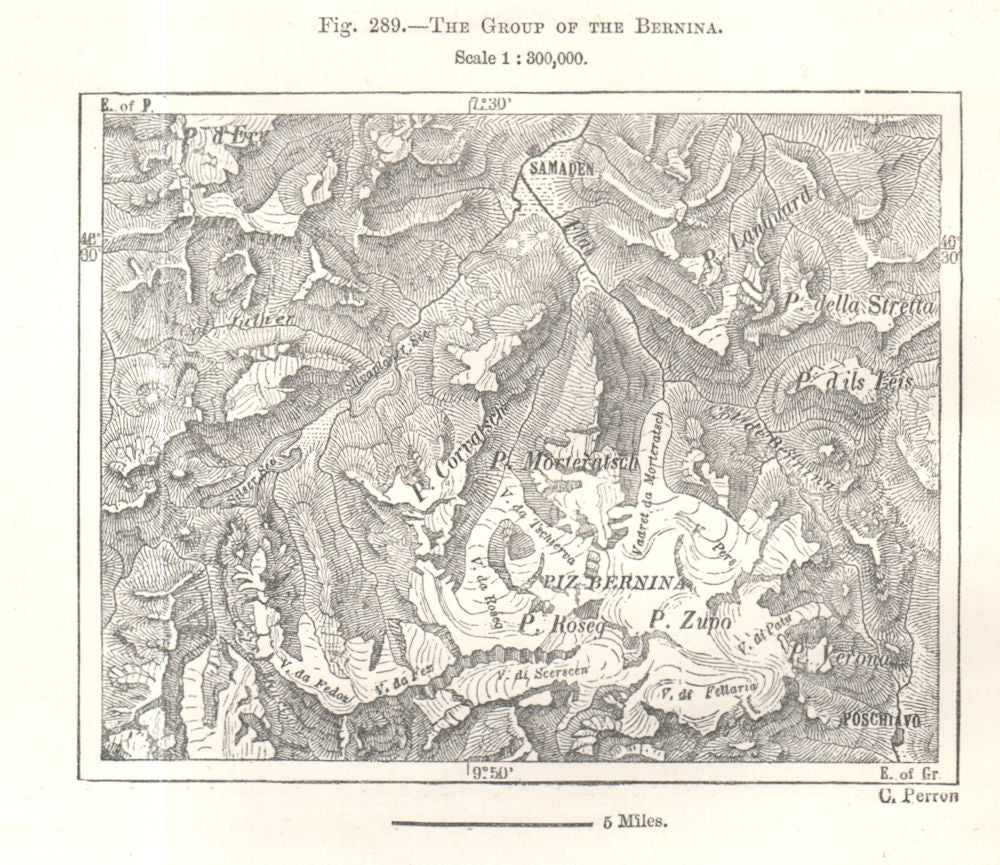 The Group of the Bernina. Switzerland. Sketch map 1885 old antique chart